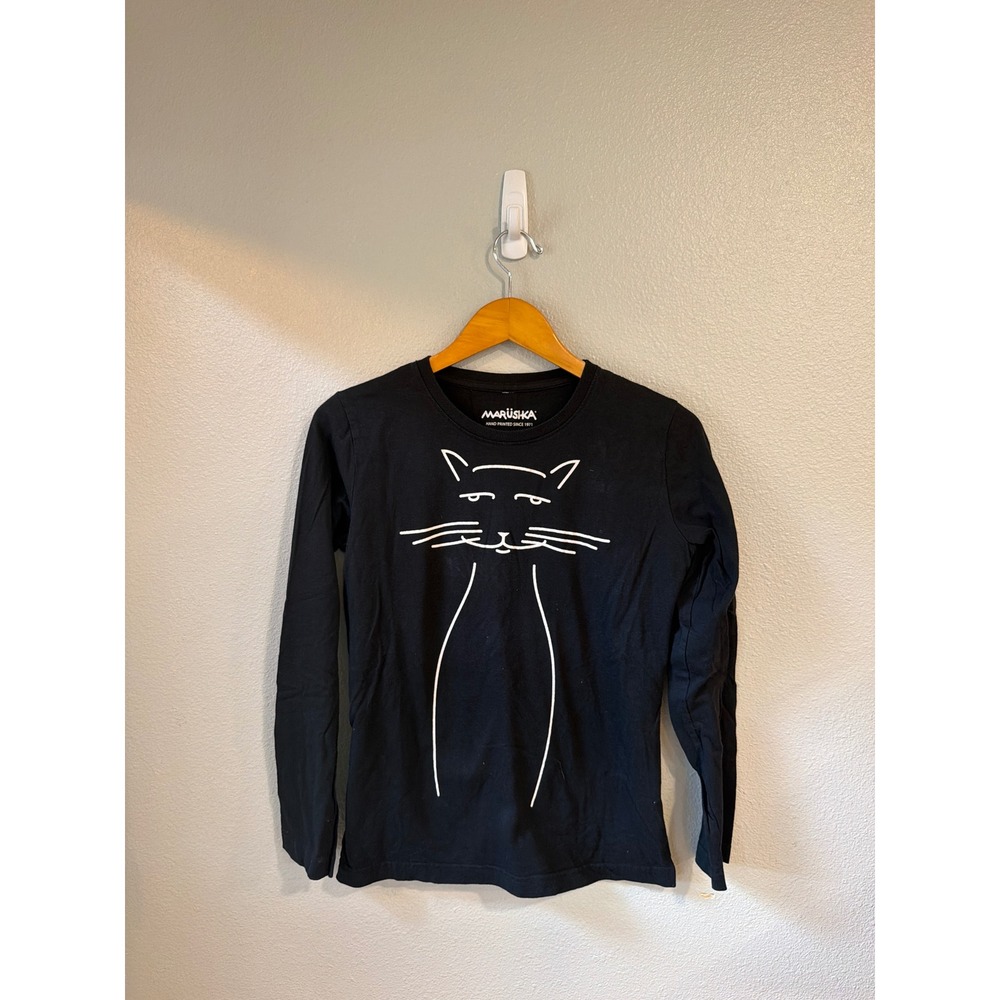 Marushka Long Sleeve T-Shirt Women Small Black Hand Printed Cat Graphic Fall